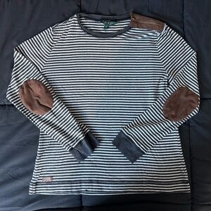 lauren ralph lauren black and white striped long sleeve w faux suede elbow patch